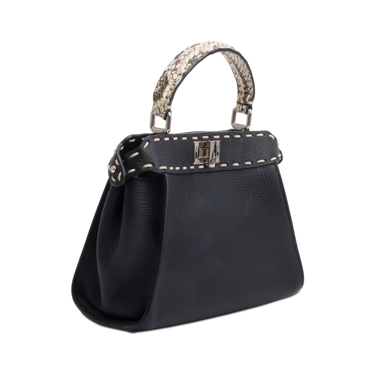 Fendi 2022 Black Calfskin Leather Python Trim Mini Selleria Peekaboo Bag