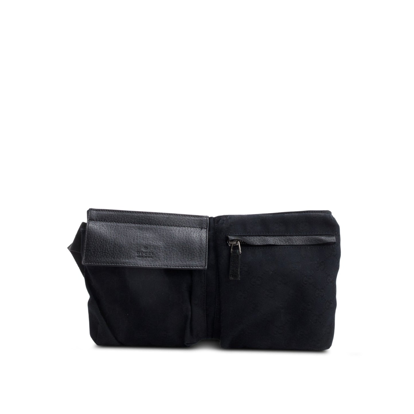 Gucci Black GG Canvas Leather Trim Double Pocket Belt Bag