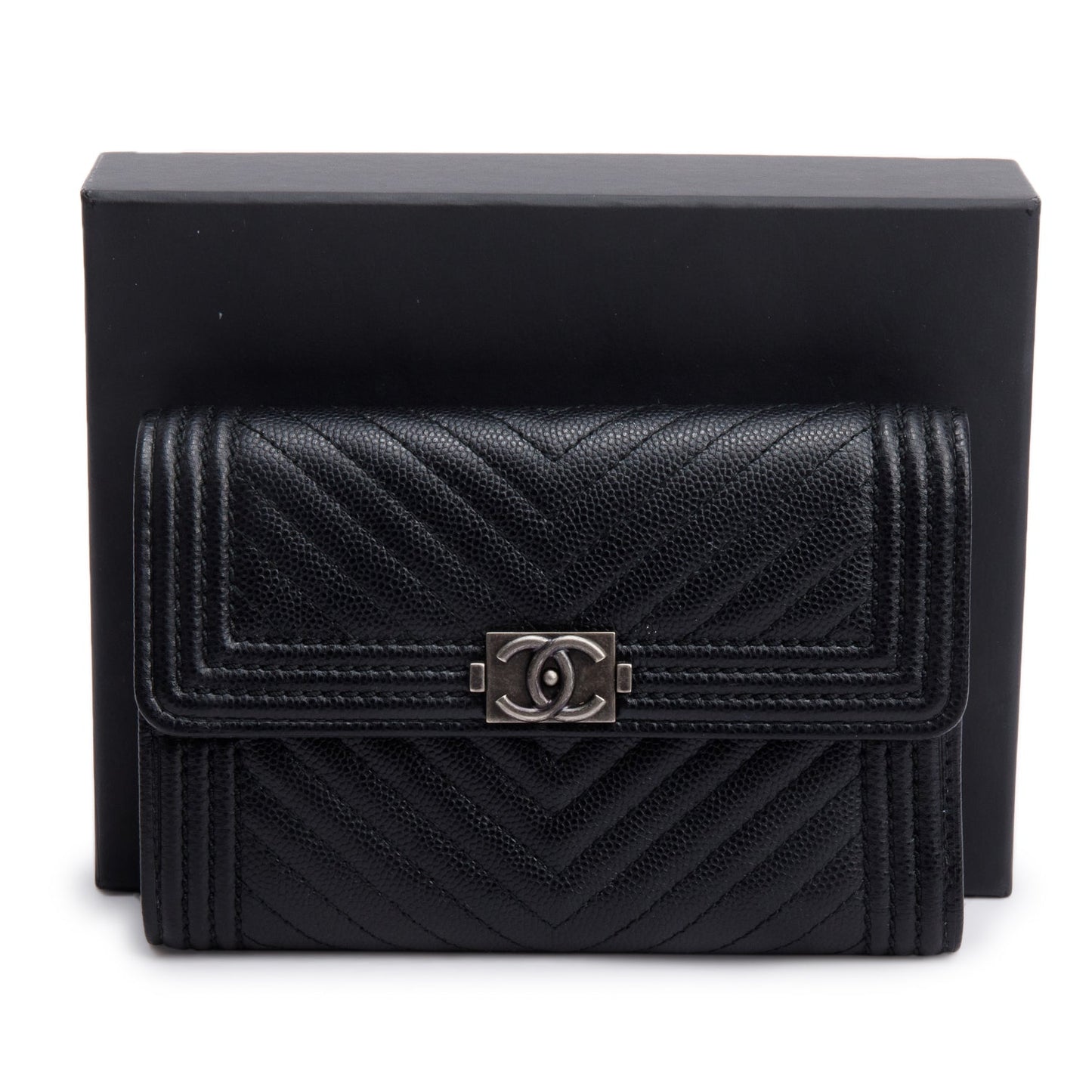 Chanel Black Chevron Caviar Leather Medium Boy Flap Wallet