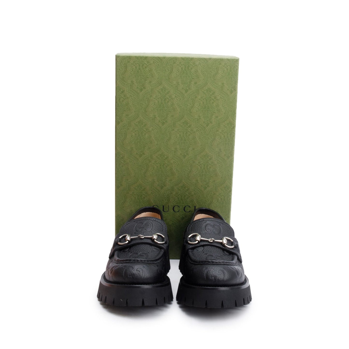 Gucci Black GG Embossed Calfskin Leather Horsebit Accent Lug Sole Loafers, Size 39