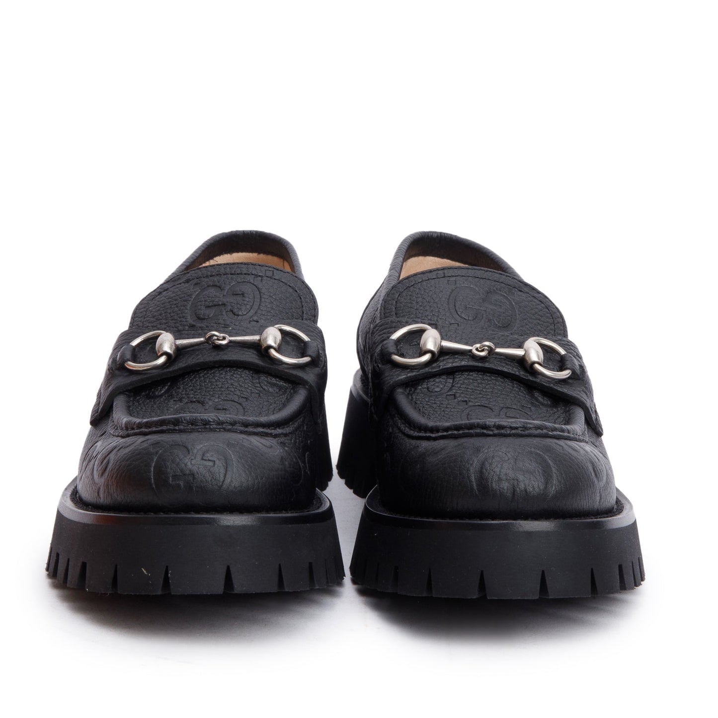 Gucci Black GG Embossed Calfskin Leather Horsebit Accent Lug Sole Loafers, Size 39