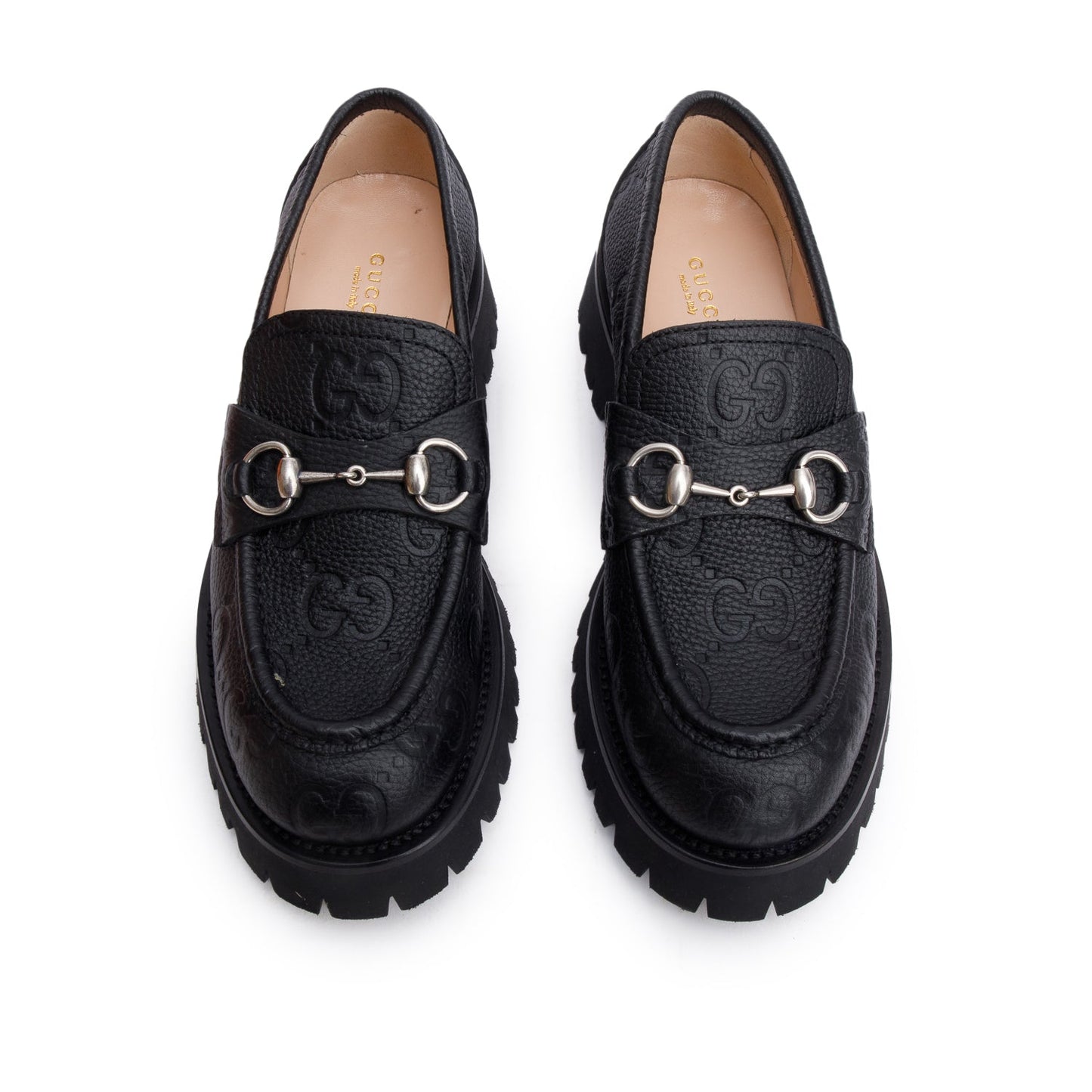 Gucci Black GG Embossed Calfskin Leather Horsebit Accent Lug Sole Loafers, Size 39