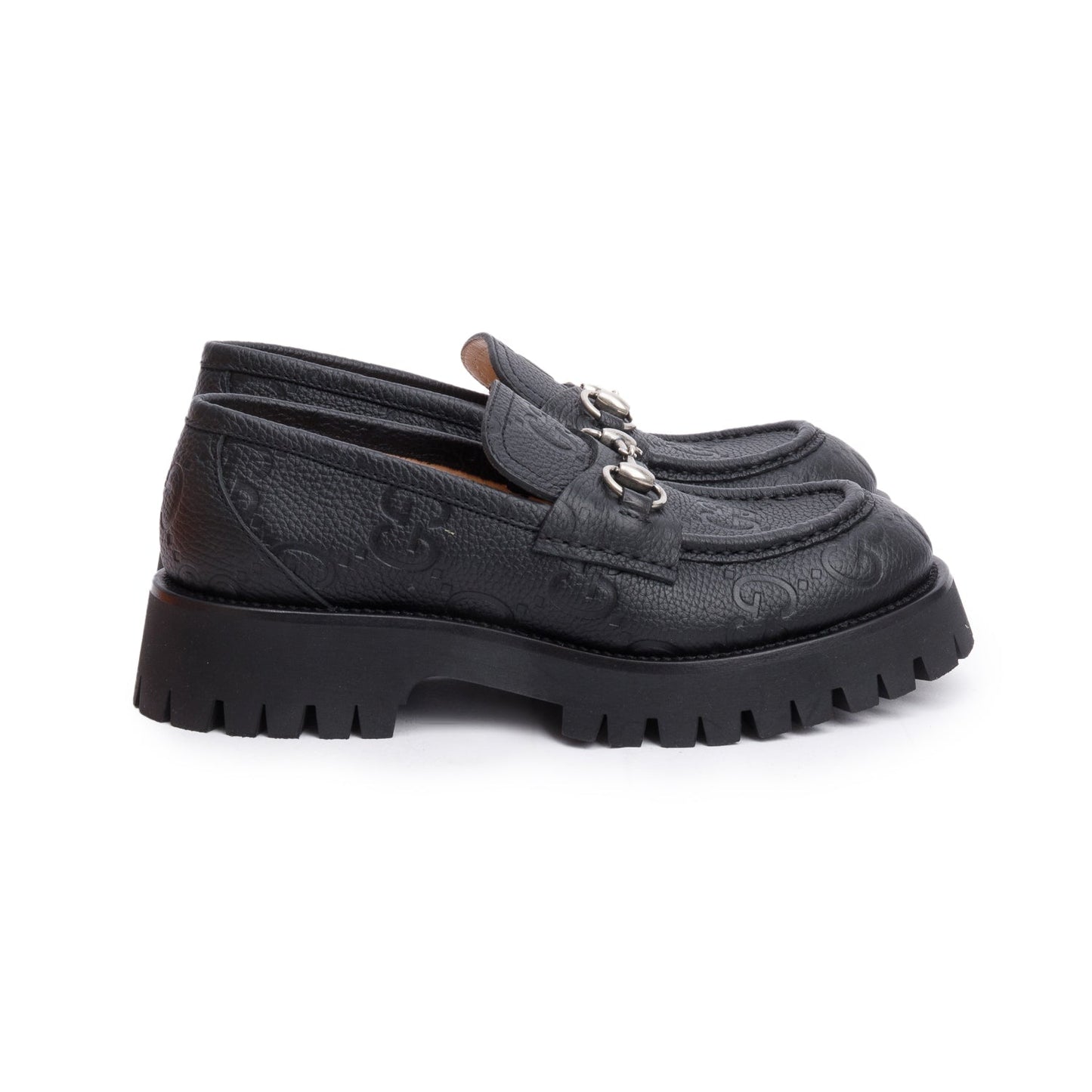 Gucci Black GG Embossed Calfskin Leather Horsebit Accent Lug Sole Loafers, Size 39