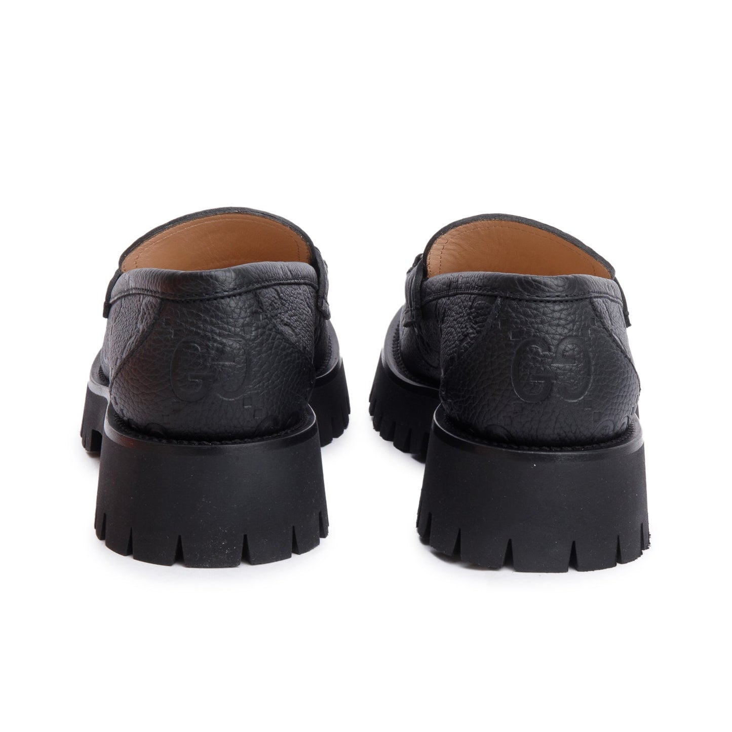Gucci Black GG Embossed Calfskin Leather Horsebit Accent Lug Sole Loafers, Size 39