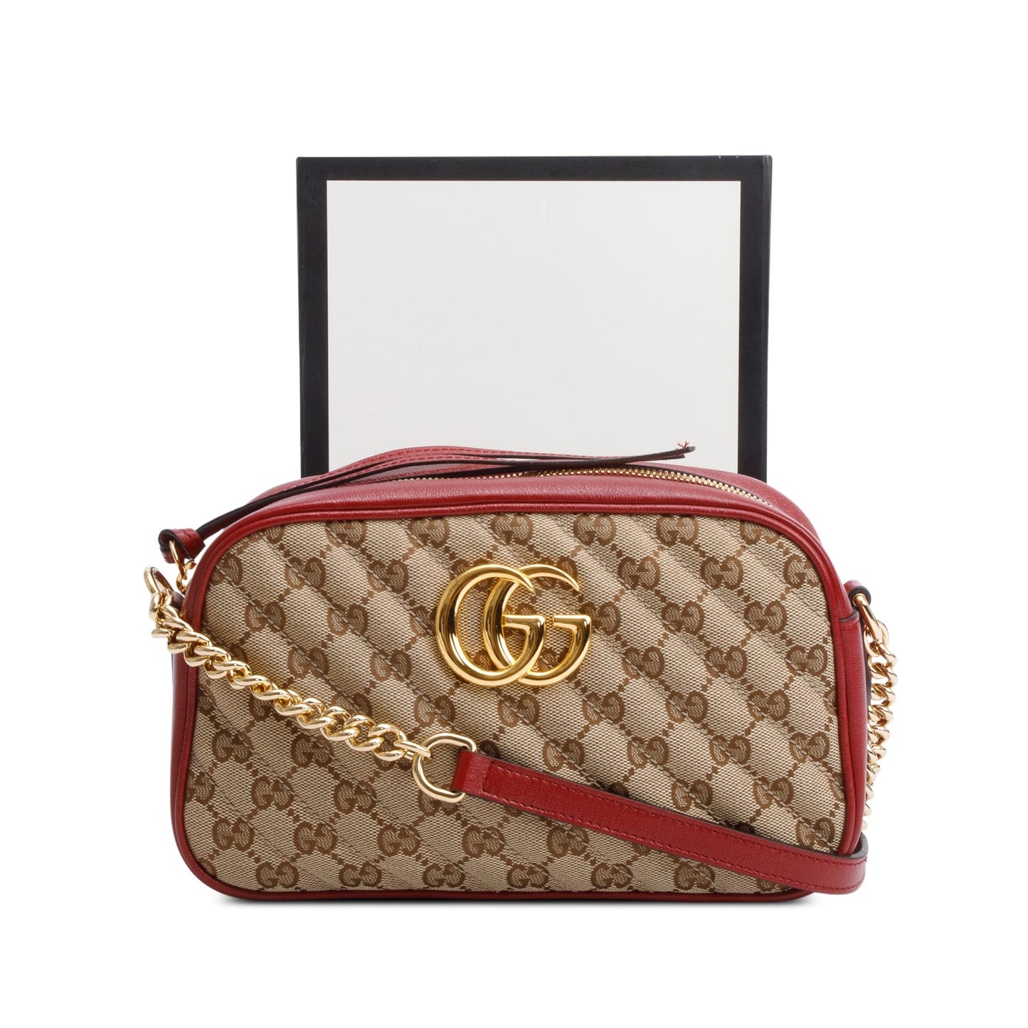 Gucci Red Leather Trim GG Canvas Marmont Matelasse Small Shoulder Bag