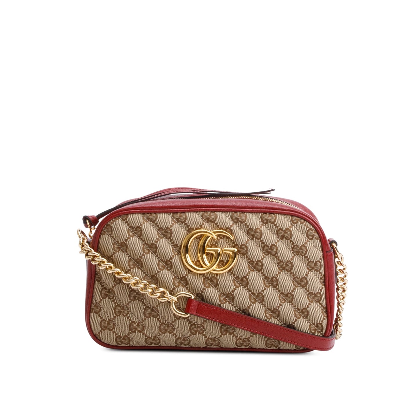 Gucci Red Leather Trim GG Canvas Marmont Matelasse Small Shoulder Bag