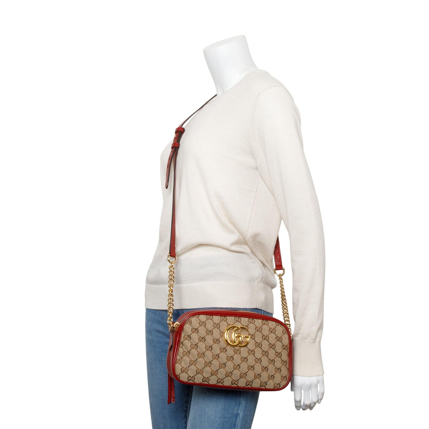 Gucci Red Leather Trim GG Canvas Marmont Matelasse Small Shoulder Bag