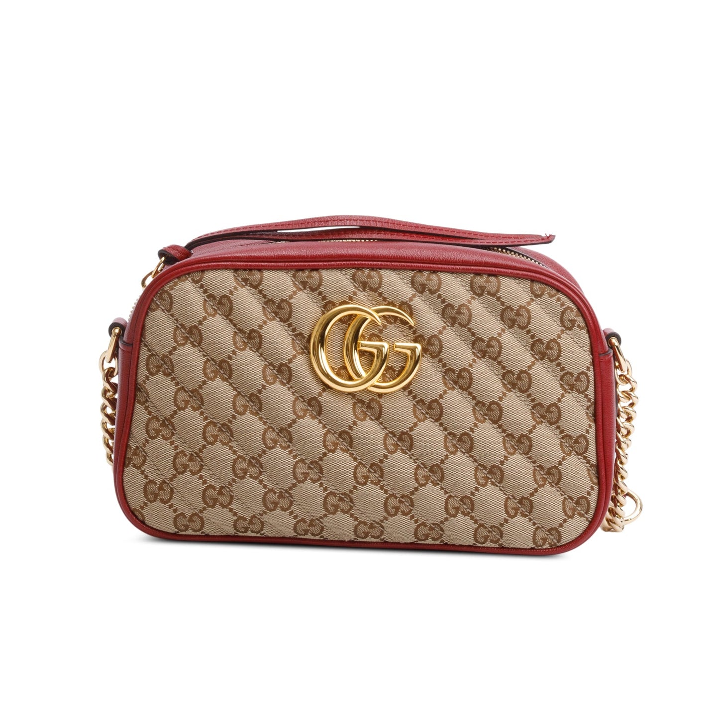 Gucci Red Leather Trim GG Canvas Marmont Matelasse Small Shoulder Bag