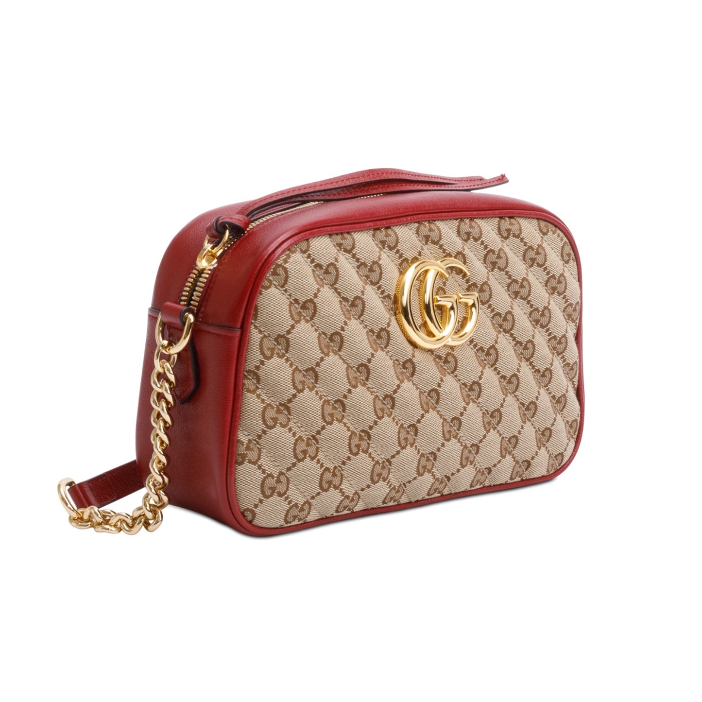 Gucci Red Leather Trim GG Canvas Marmont Matelasse Small Shoulder Bag