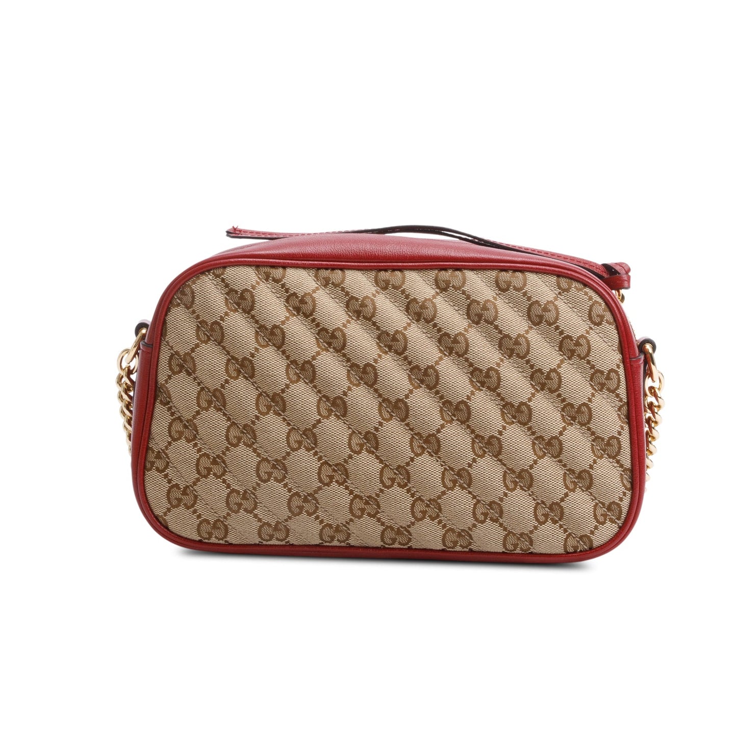 Gucci Red Leather Trim GG Canvas Marmont Matelasse Small Shoulder Bag