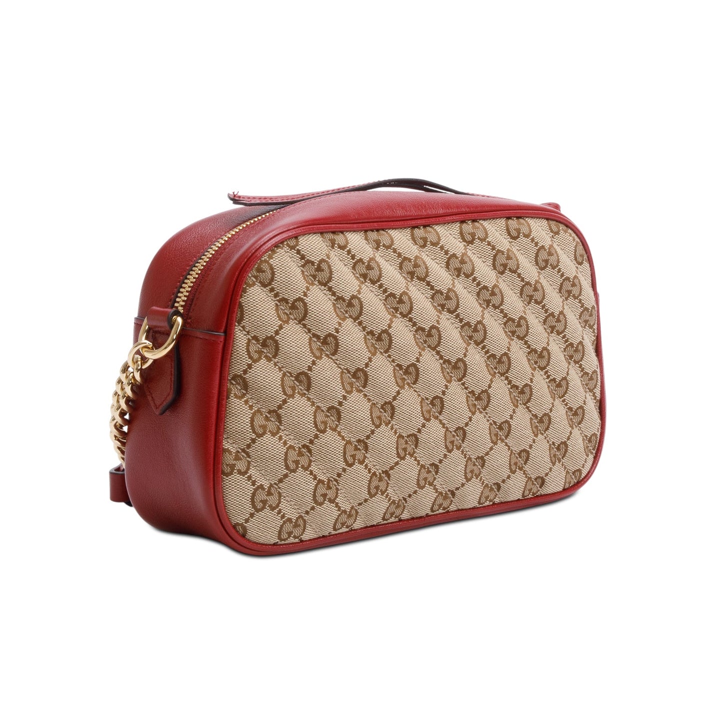 Gucci Red Leather Trim GG Canvas Marmont Matelasse Small Shoulder Bag