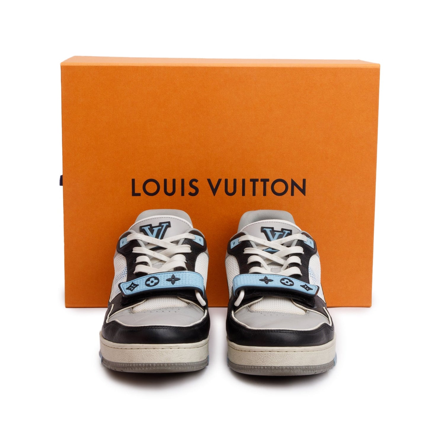 Louis Vuitton 2023 Blue Monogram Velcro Black/Grey Calfskin Leather Trainer Sneakers, Me's Size 7.5