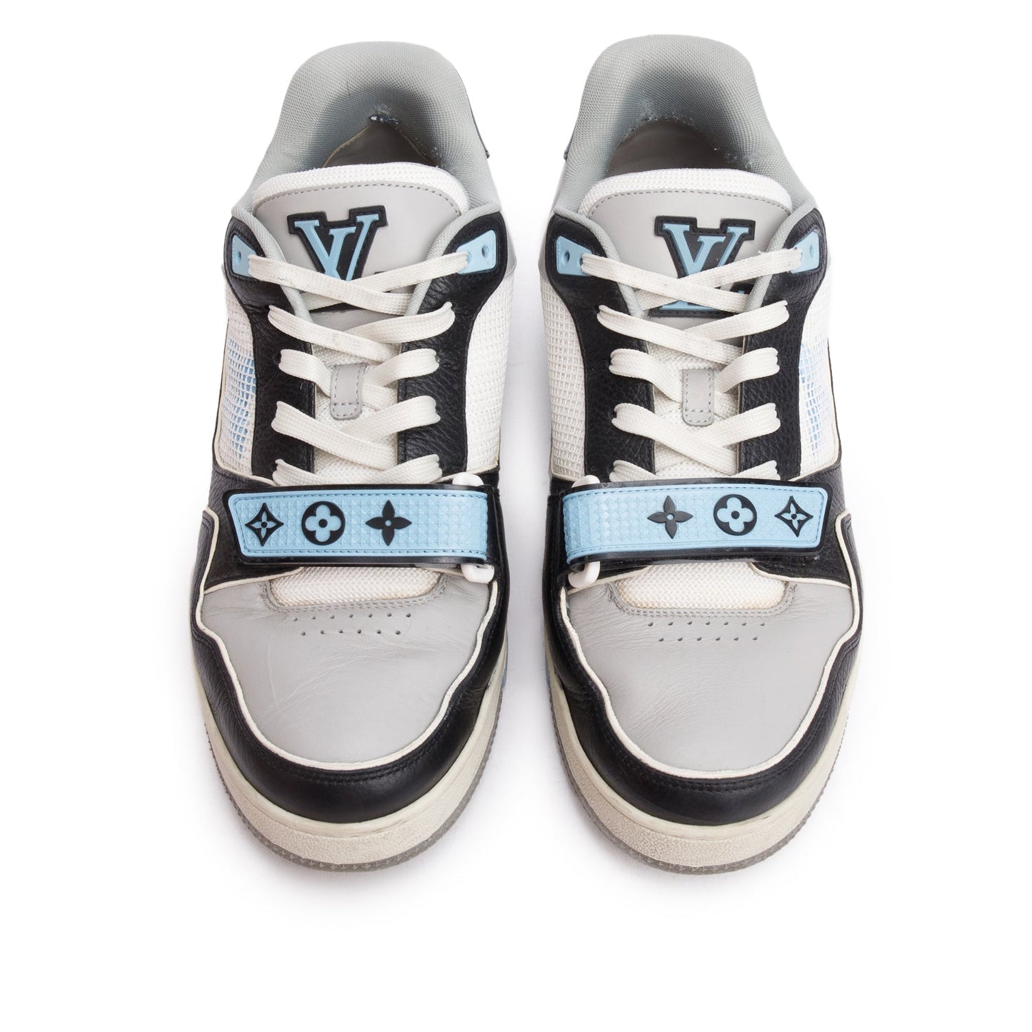 Louis Vuitton 2023 Blue Monogram Velcro Black/Grey Calfskin Leather Trainer Sneakers, Me's Size 7.5
