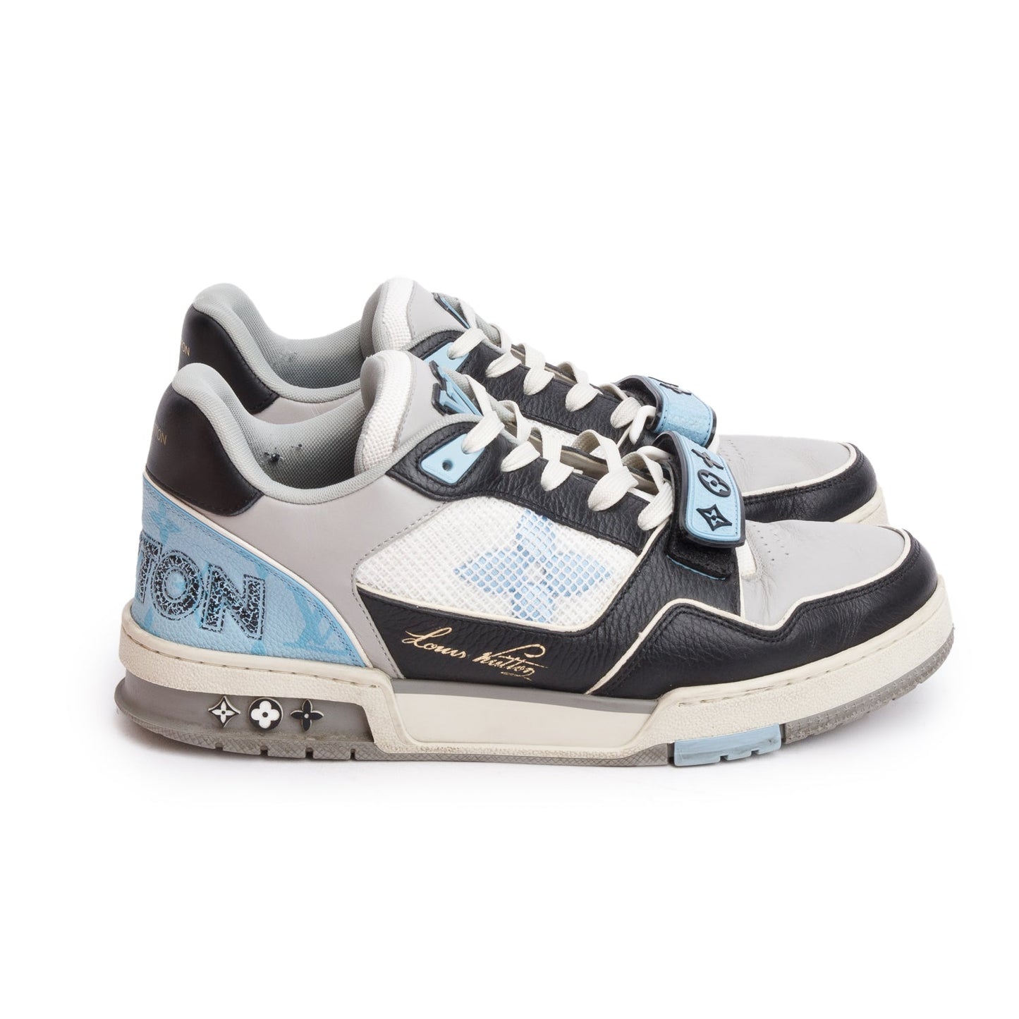 Louis Vuitton 2023 Blue Monogram Velcro Black/Grey Calfskin Leather Trainer Sneakers, Me's Size 7.5