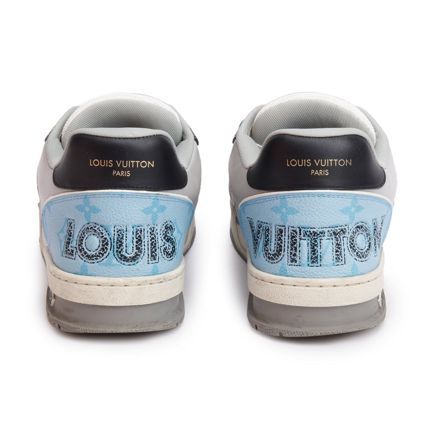 Louis Vuitton 2023 Blue Monogram Velcro Black/Grey Calfskin Leather Trainer Sneakers, Me's Size 7.5