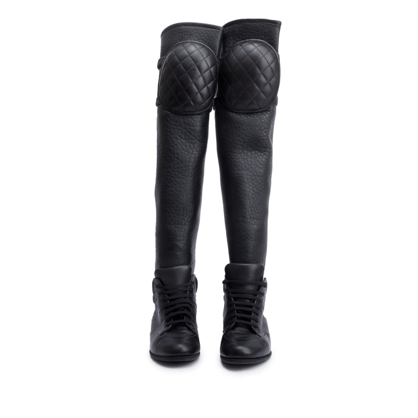 Chanel Black Leather Quilted CC Logo Knee High Sneaker Boots, Size 37