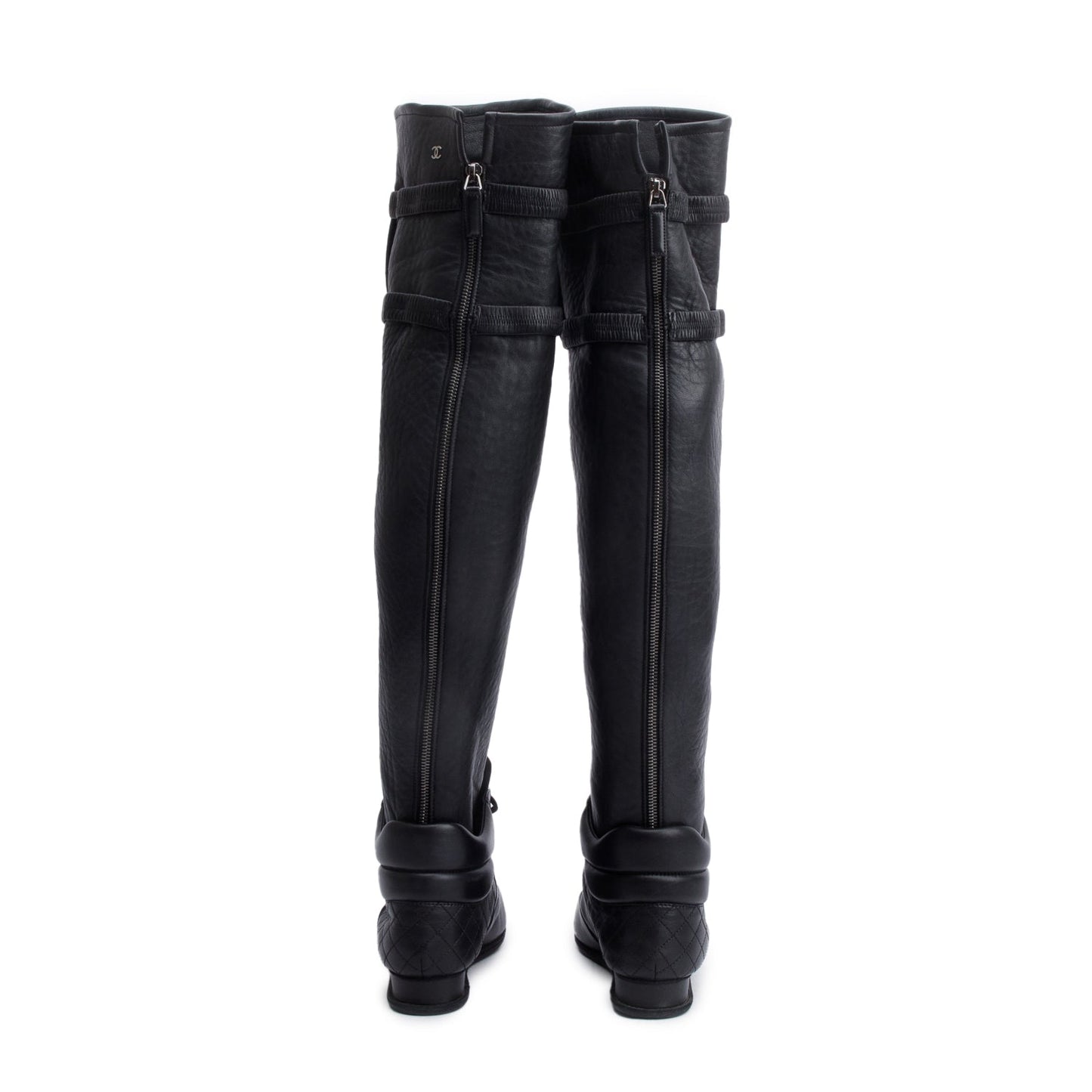 Chanel Black Leather Quilted CC Logo Knee High Sneaker Boots, Size 37