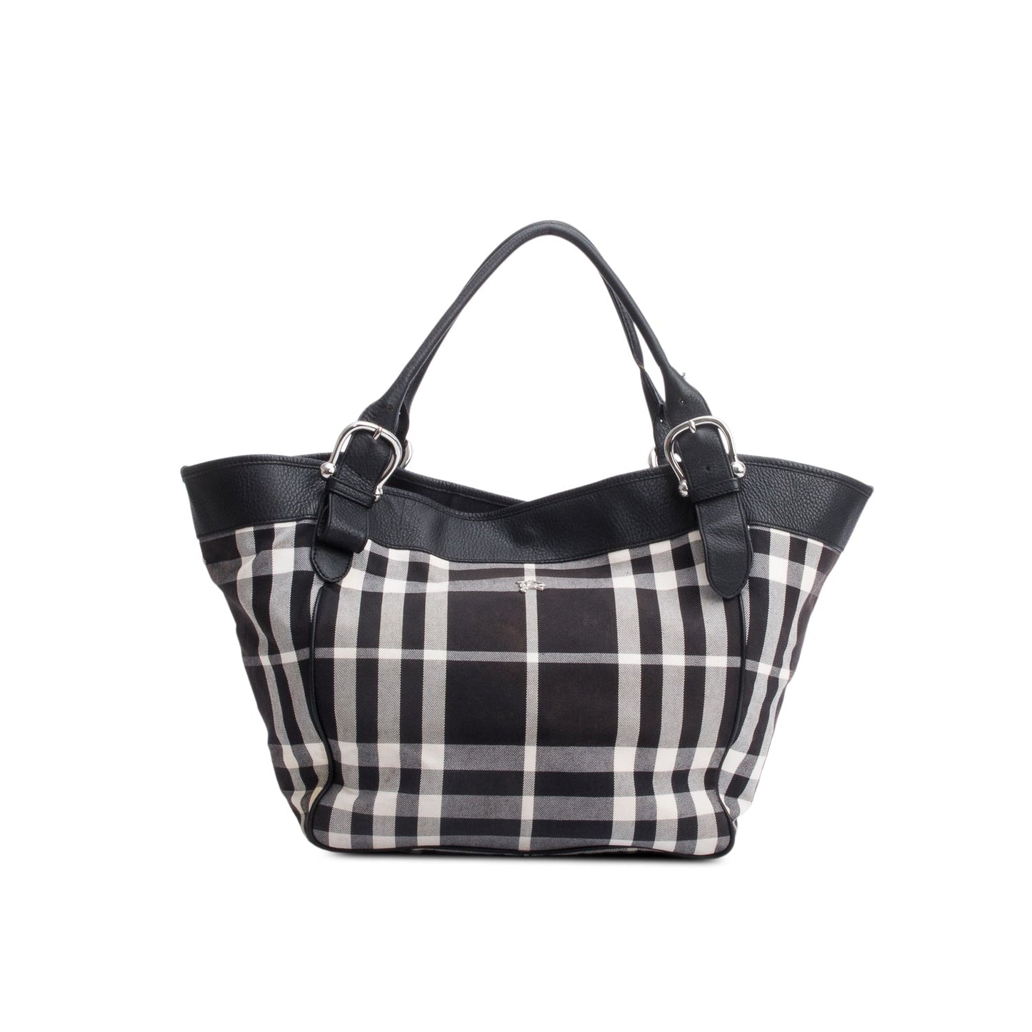 Burberry Black & White Beat Check Canvas Leather Trimmed Beach Tote Bag