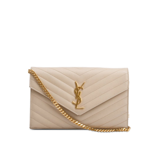Saint Laurent Neutral Grain De Poudre Leather Cassandre Envelope Chain Wallet