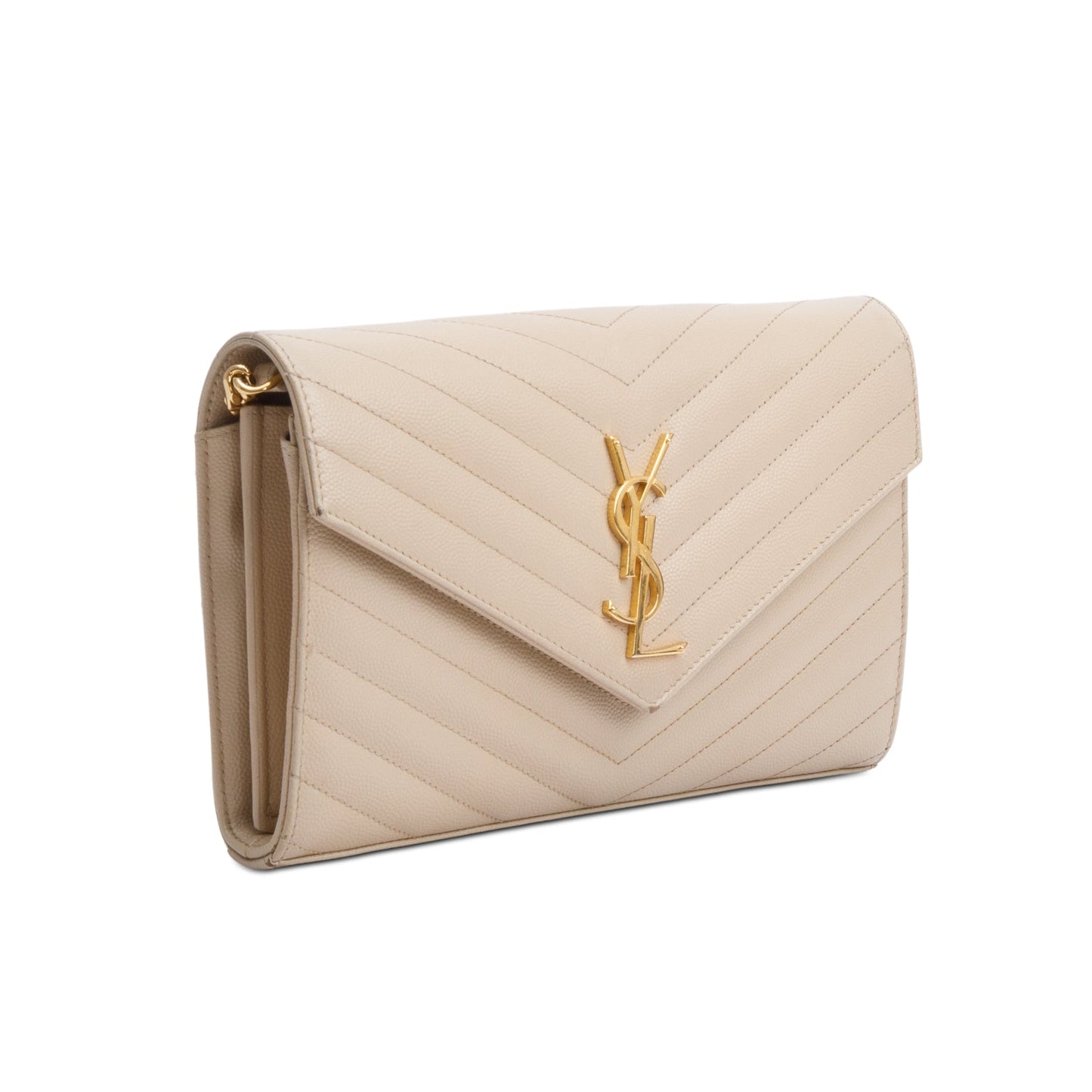 Saint Laurent Neutral Grain De Poudre Leather Cassandre Envelope Chain Wallet