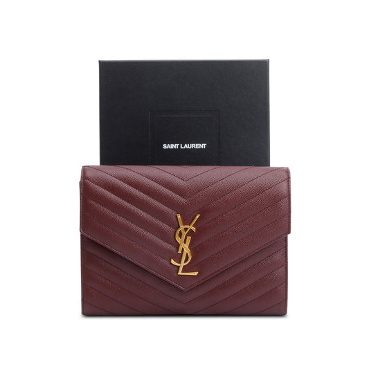 Saint Laurent 2022 Burgundy Grain de Poudre Matelasse Leather Cassandre Flap Wristlet Pouch