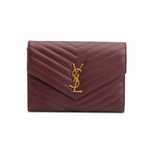 Saint Laurent 2022 Burgundy Grain de Poudre Matelasse Leather Cassandre Flap Wristlet Pouch