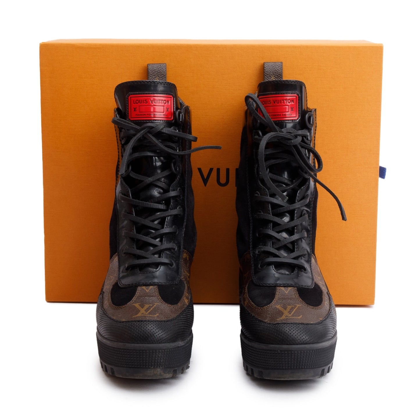 Louis Vuitton Monogram Black Suede Patent Leather World Tour Combat Boots, Size 39