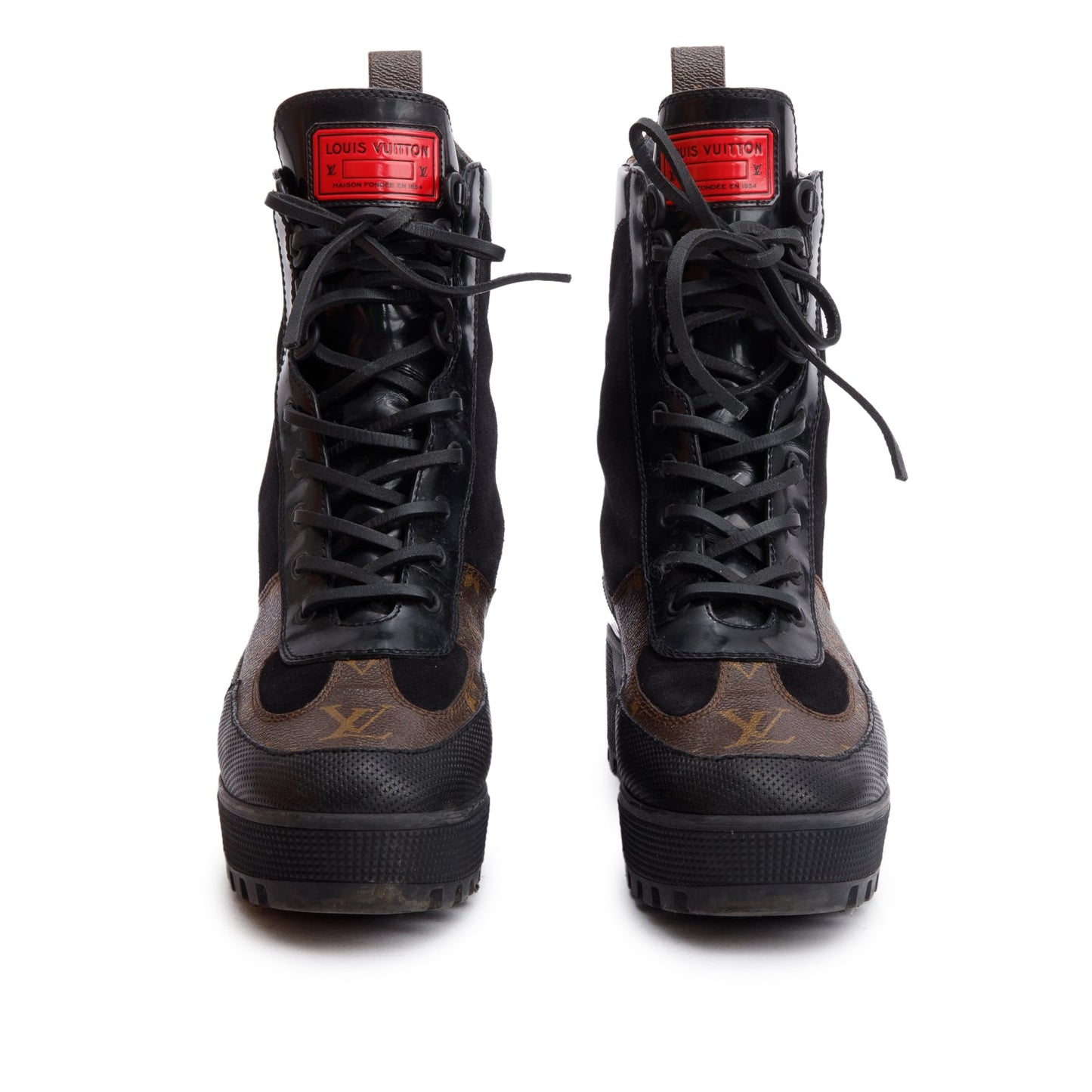 Louis Vuitton Monogram Black Suede Patent Leather World Tour Combat Boots, Size 39