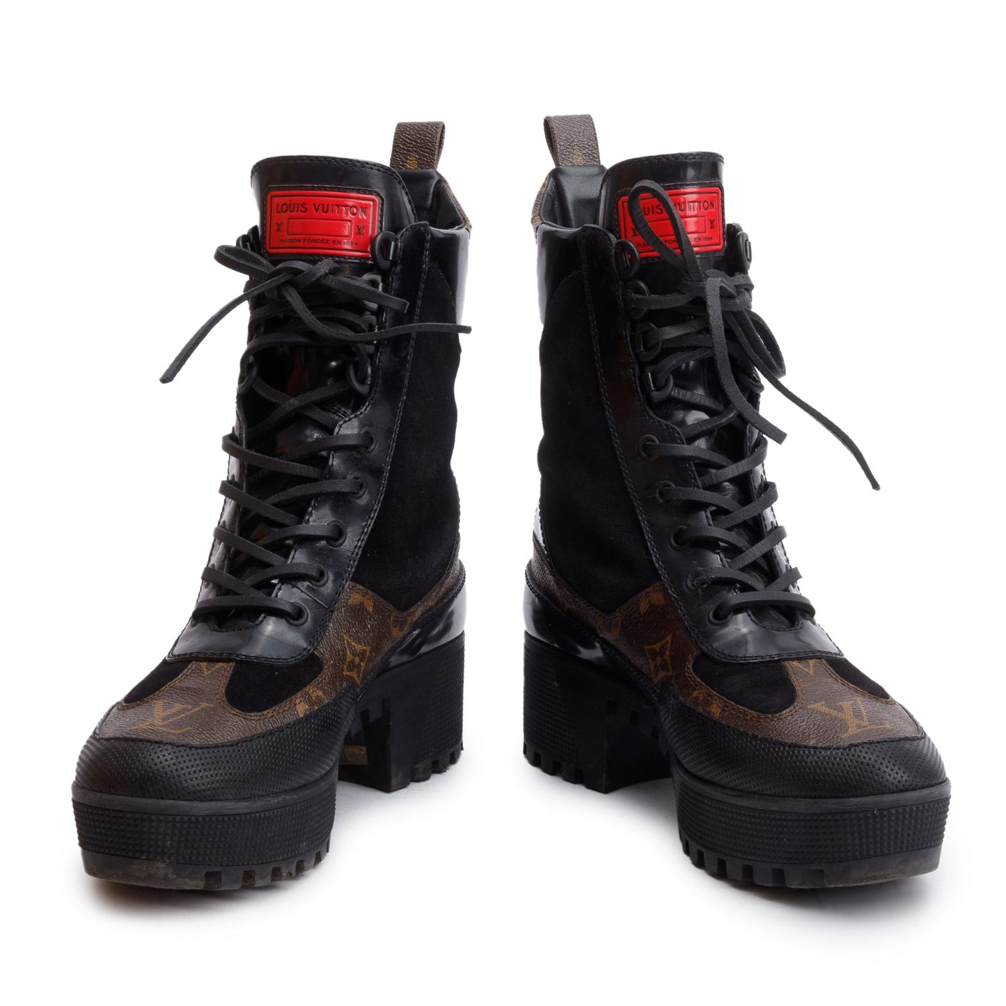 Louis Vuitton Monogram Black Suede Patent Leather World Tour Combat Boots, Size 39