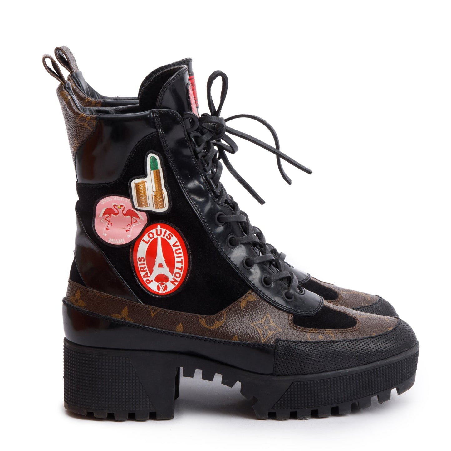 Louis Vuitton Monogram Black Suede Patent Leather World Tour Combat Boots, Size 39