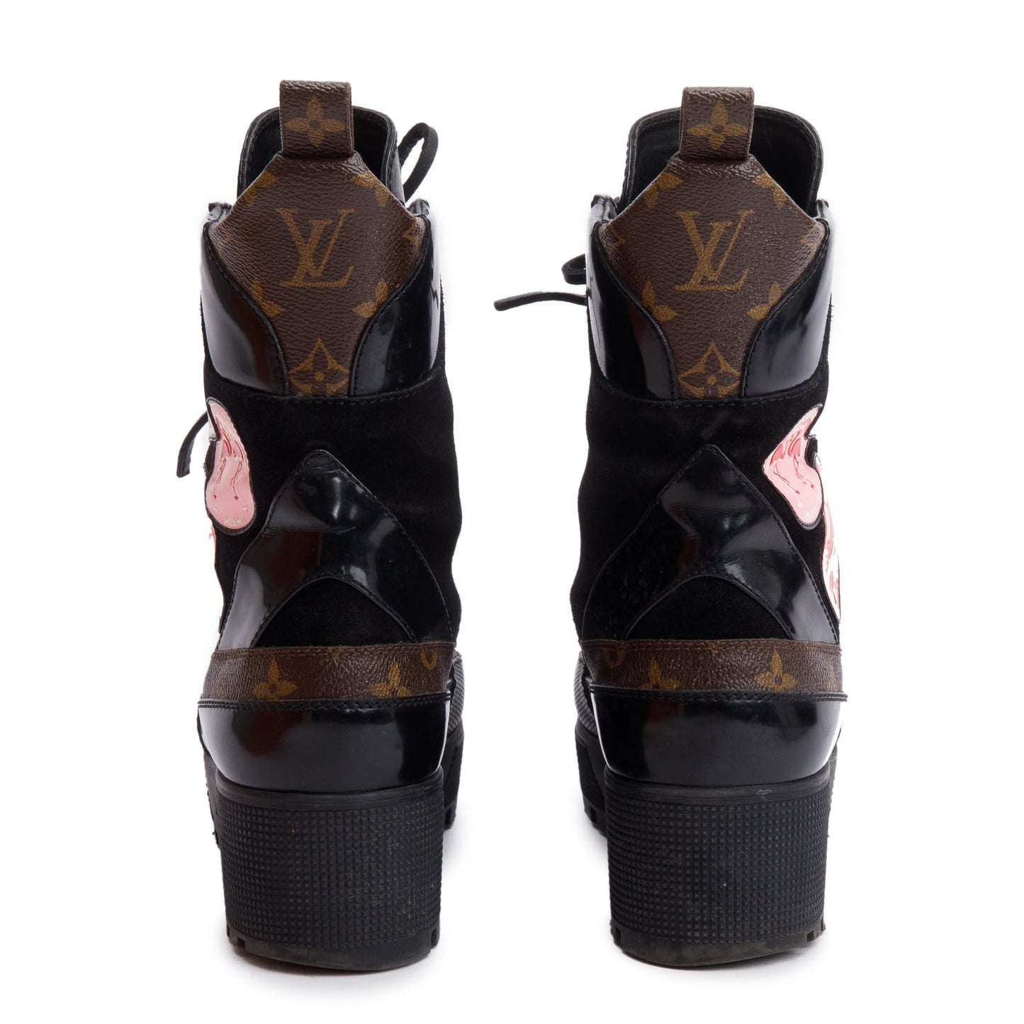 Louis Vuitton Monogram Black Suede Patent Leather World Tour Combat Boots, Size 39