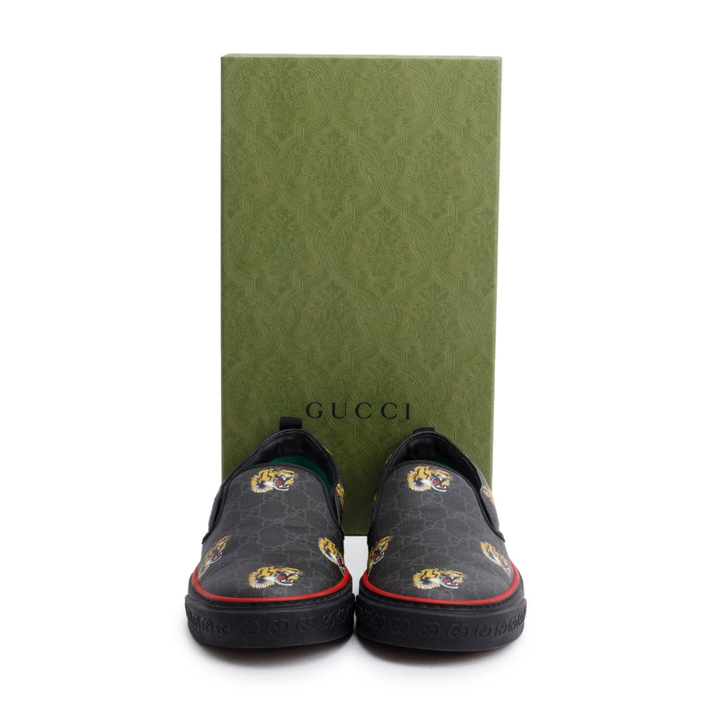 Gucci Black Tigers GG Supreme Canvas Tennis 1977 Slip On Sneakers, Men's Size 10