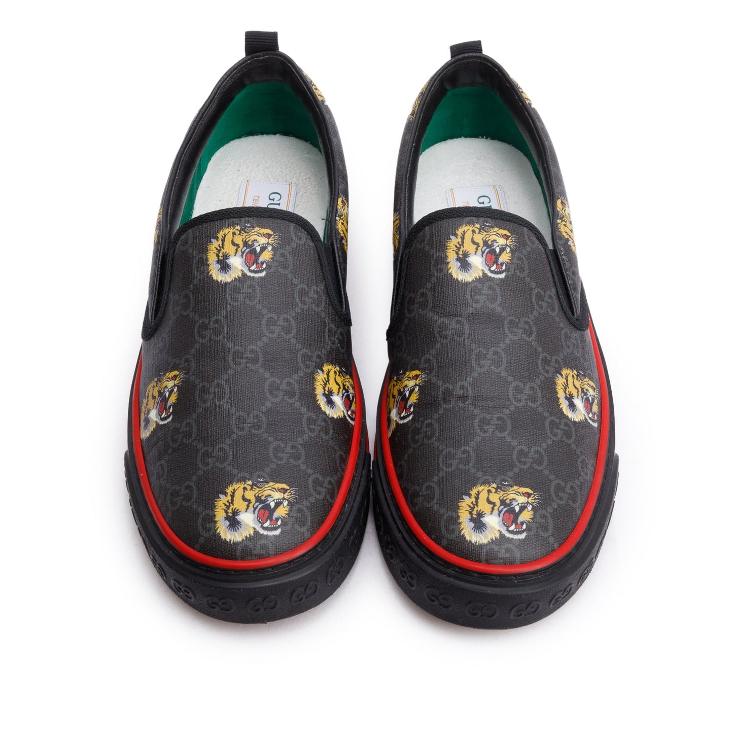 Gucci Black Tigers GG Supreme Canvas Tennis 1977 Slip On Sneakers, Men's Size 10