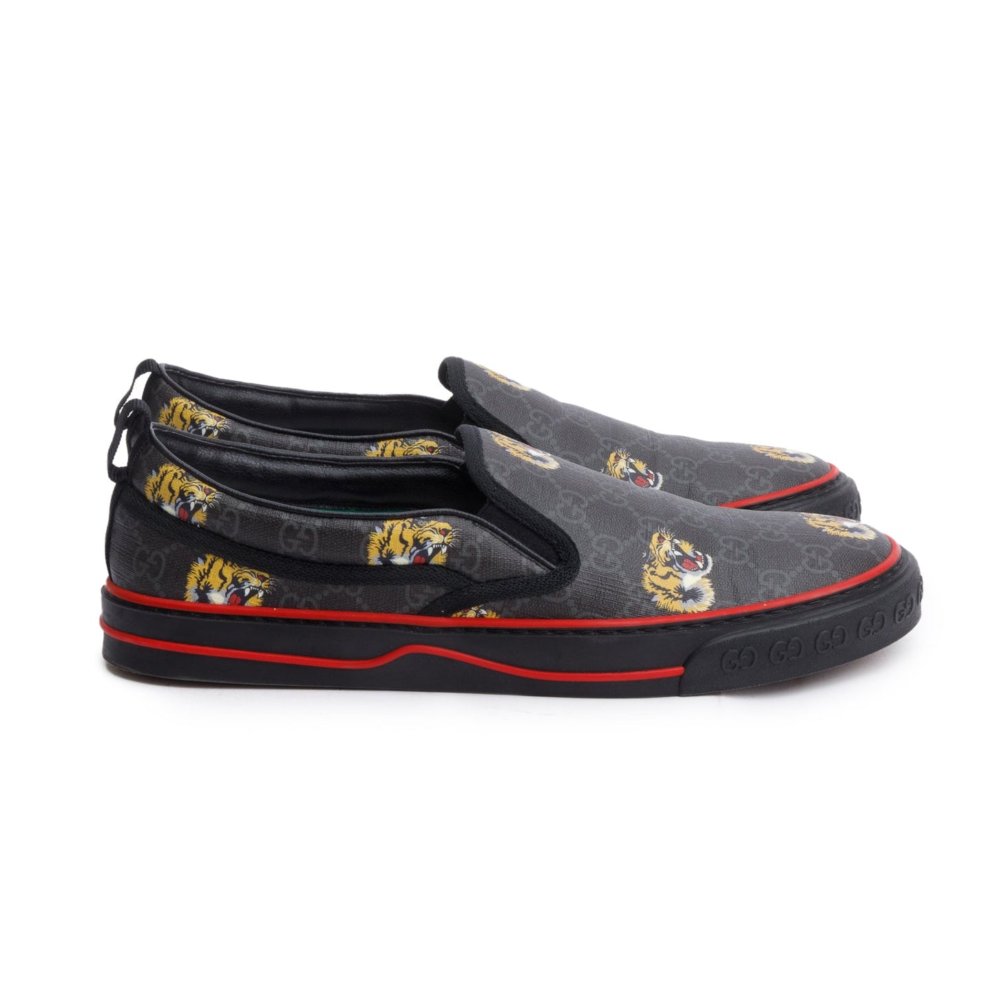 Gucci Black Tigers GG Supreme Canvas Tennis 1977 Slip On Sneakers, Men's Size 10