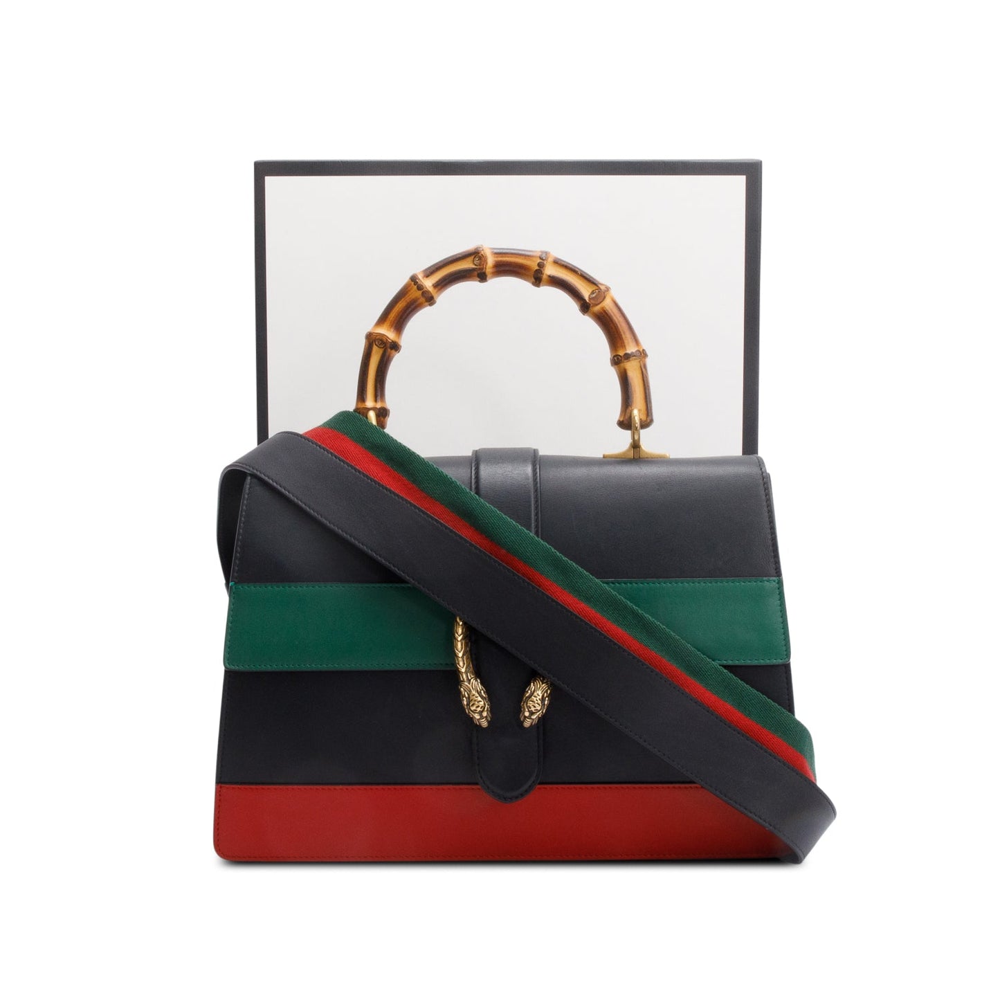 Gucci Black/Red/Green Web Calfskin Leather Large Dionysus Bamboo Top Handle Bag