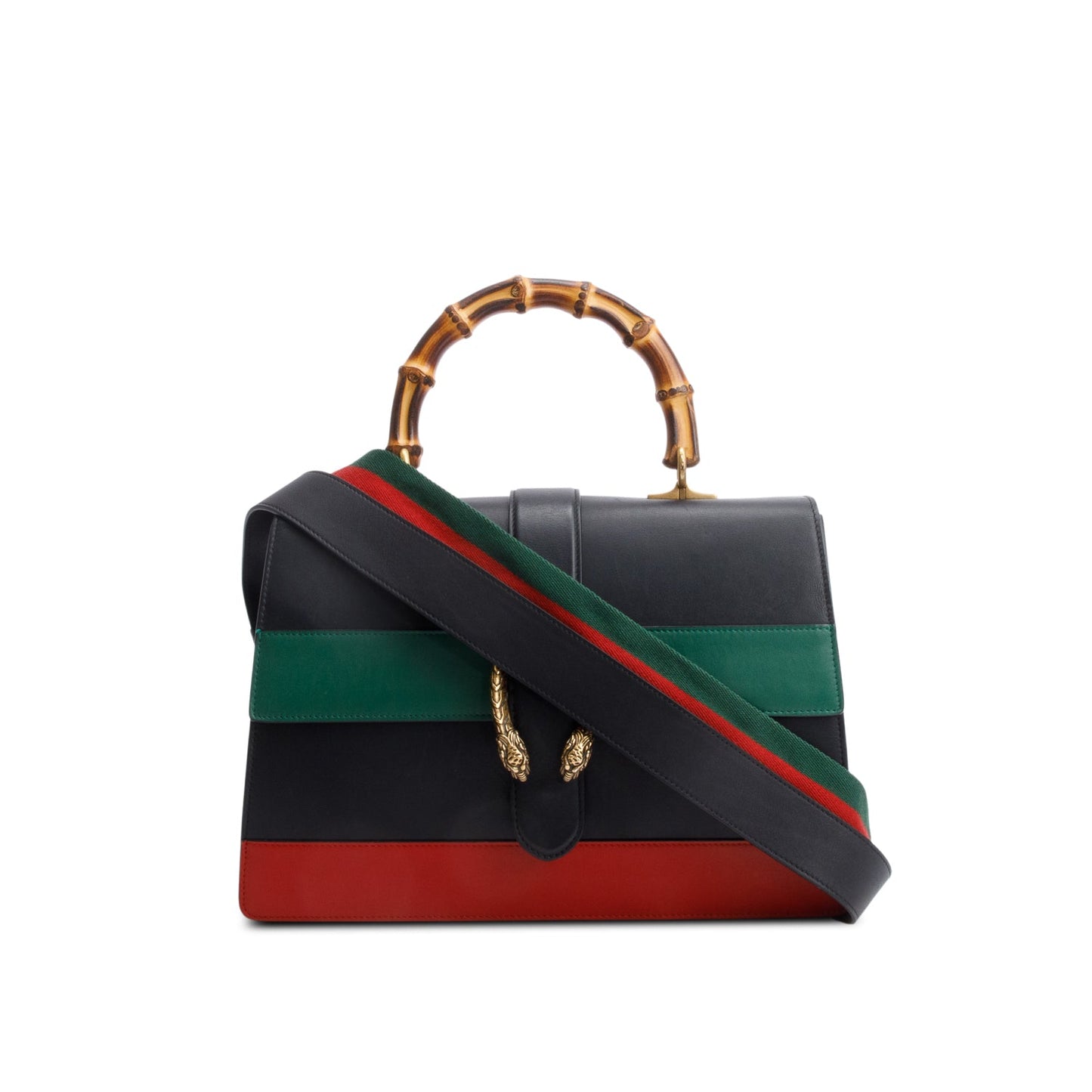 Gucci Black/Red/Green Web Calfskin Leather Large Dionysus Bamboo Top Handle Bag