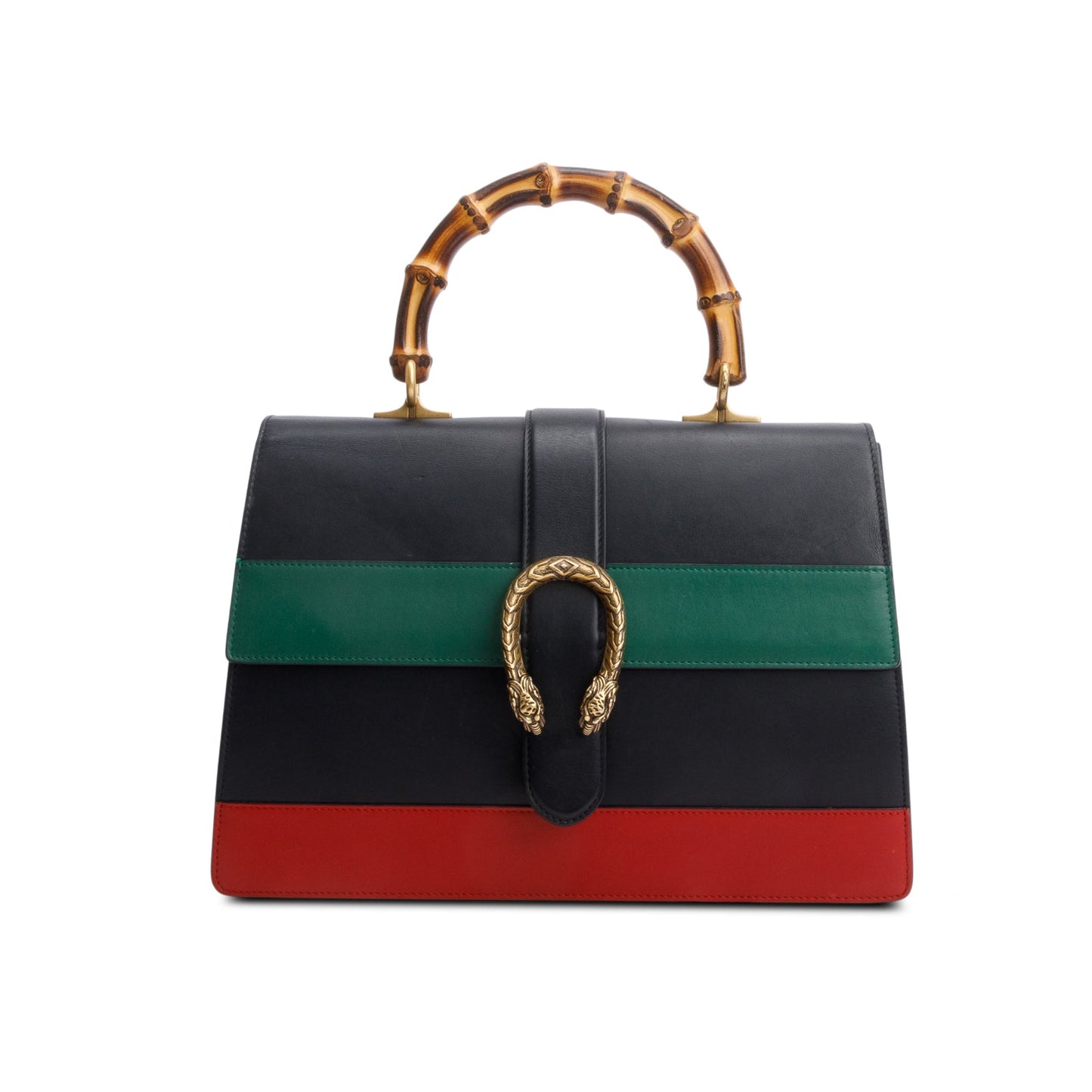 Gucci Black/Red/Green Web Calfskin Leather Large Dionysus Bamboo Top Handle Bag