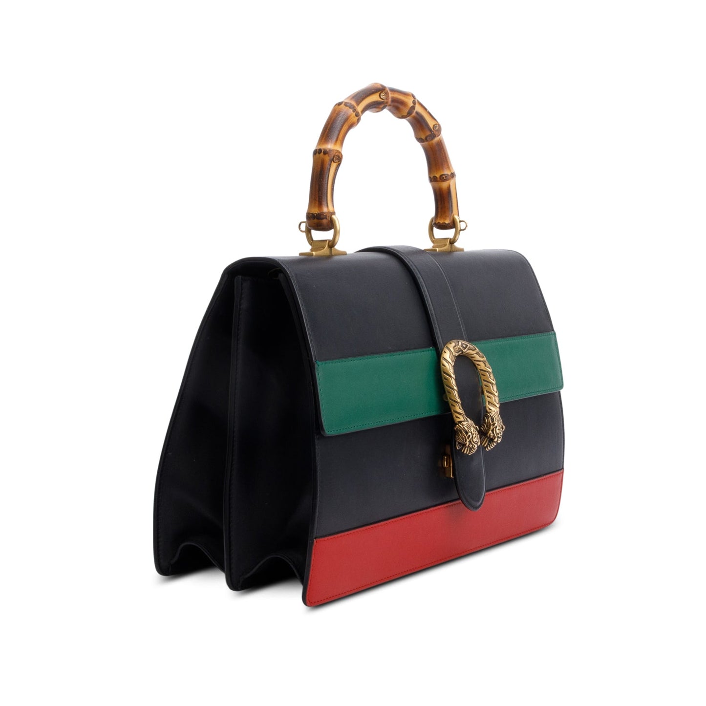 Gucci Black/Red/Green Web Calfskin Leather Large Dionysus Bamboo Top Handle Bag