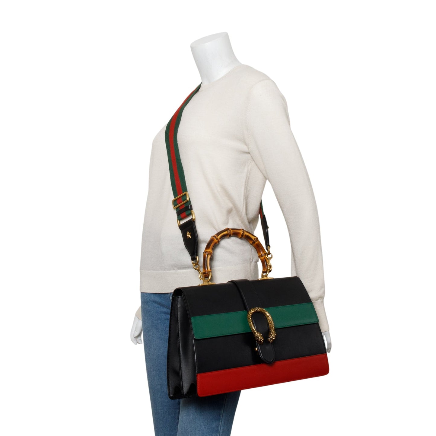 Gucci Black/Red/Green Web Calfskin Leather Large Dionysus Bamboo Top Handle Bag