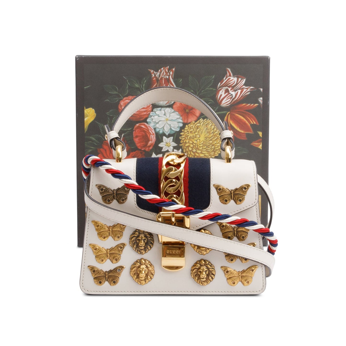 Gucci White Calfskin Leather Web Animal Studs Mini Sylvie Top Handle Bag