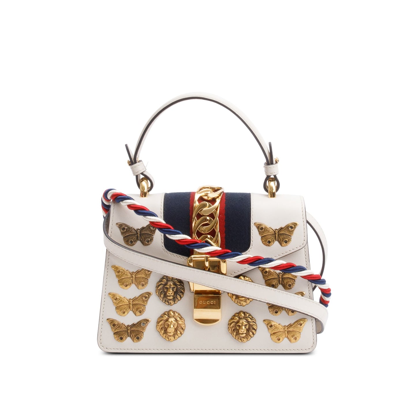 Gucci White Calfskin Leather Web Animal Studs Mini Sylvie Top Handle Bag
