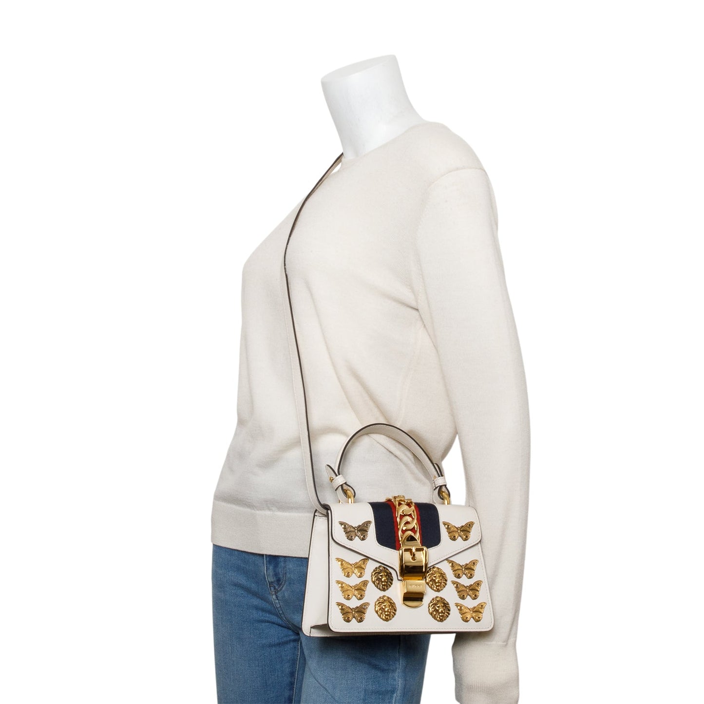 Gucci White Calfskin Leather Web Animal Studs Mini Sylvie Top Handle Bag