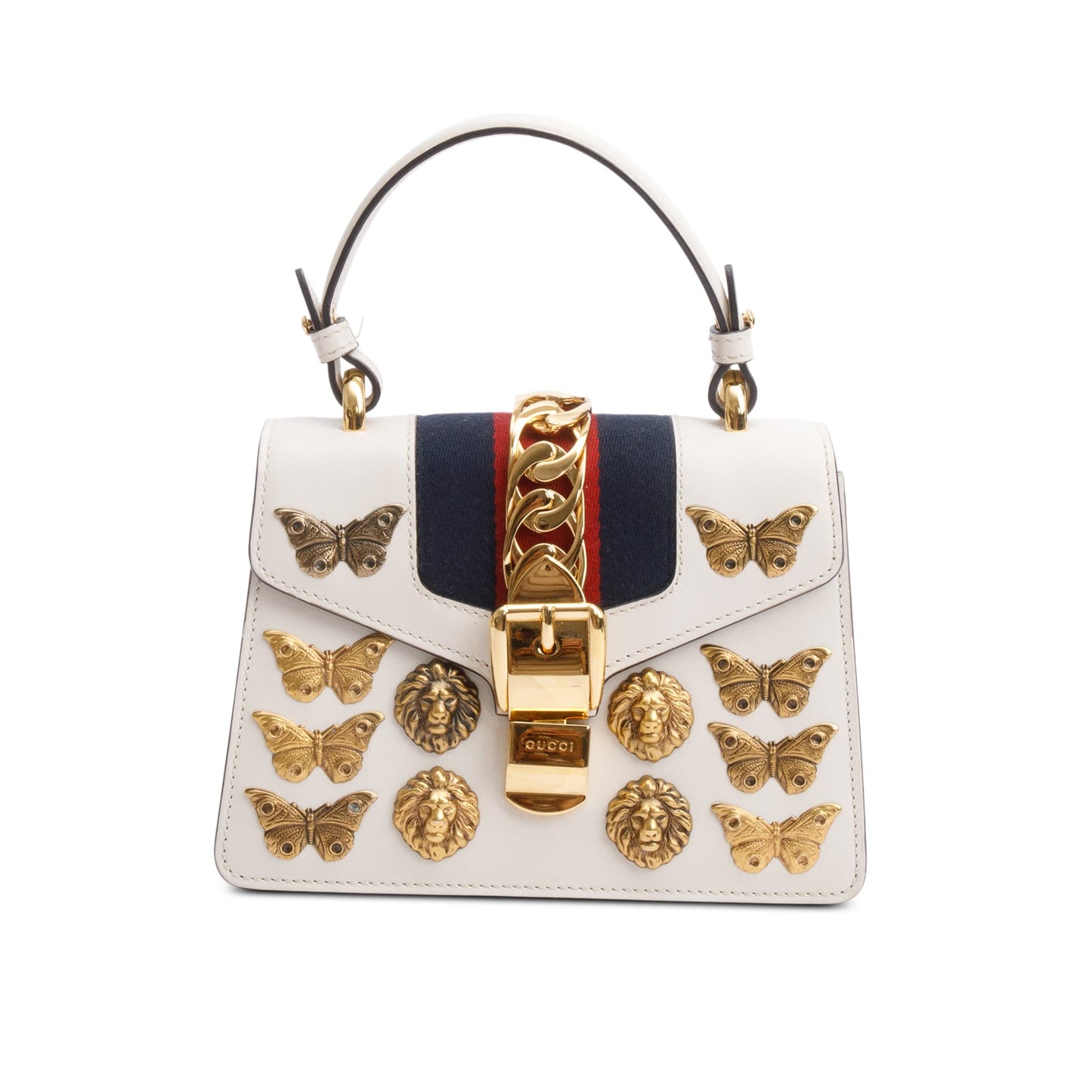 Gucci White Calfskin Leather Web Animal Studs Mini Sylvie Top Handle Bag