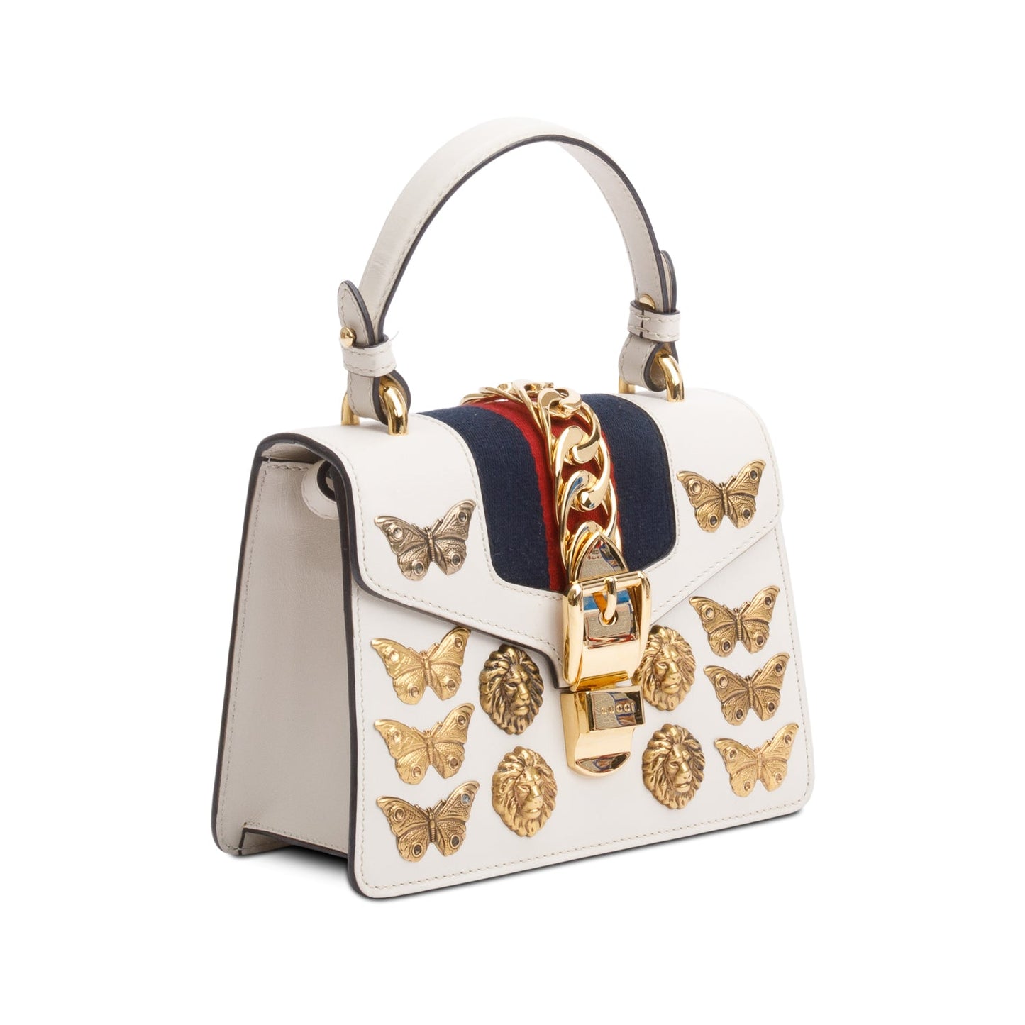 Gucci White Calfskin Leather Web Animal Studs Mini Sylvie Top Handle Bag