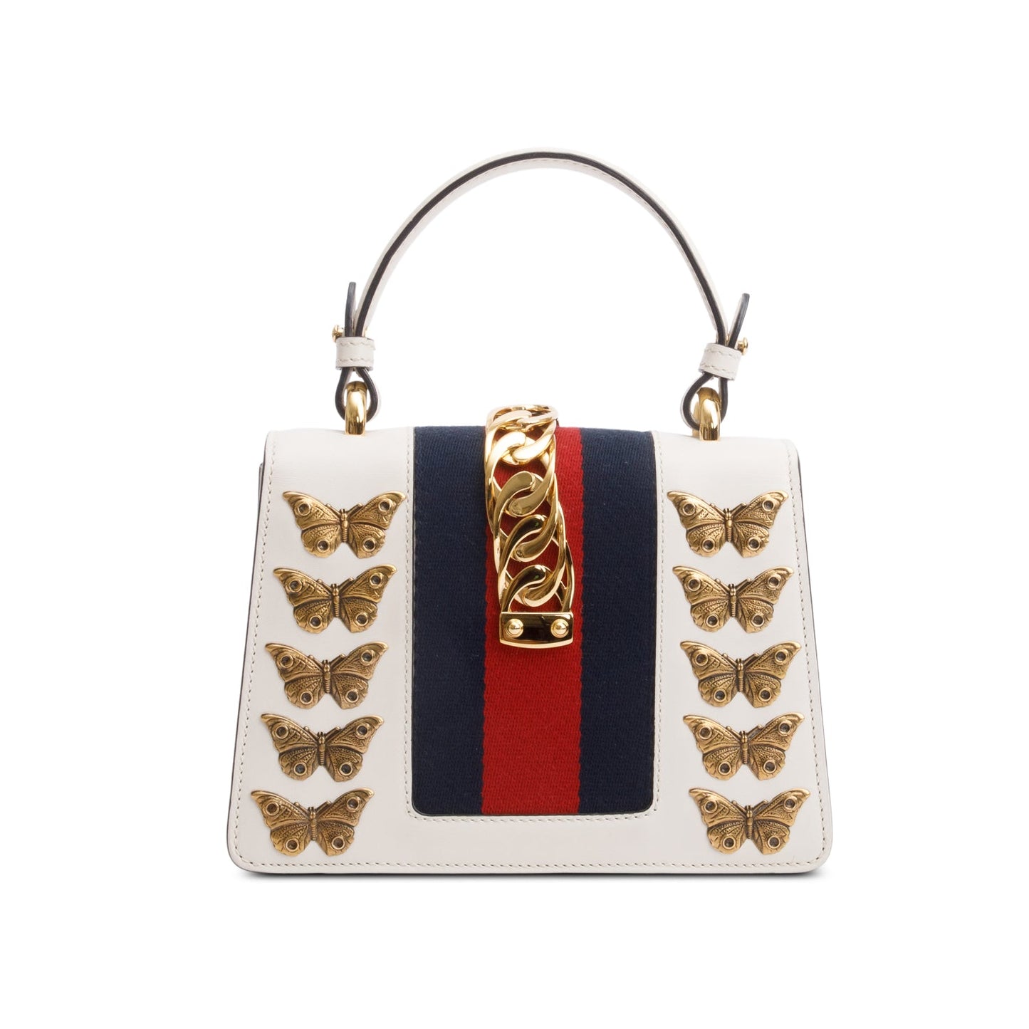 Gucci White Calfskin Leather Web Animal Studs Mini Sylvie Top Handle Bag