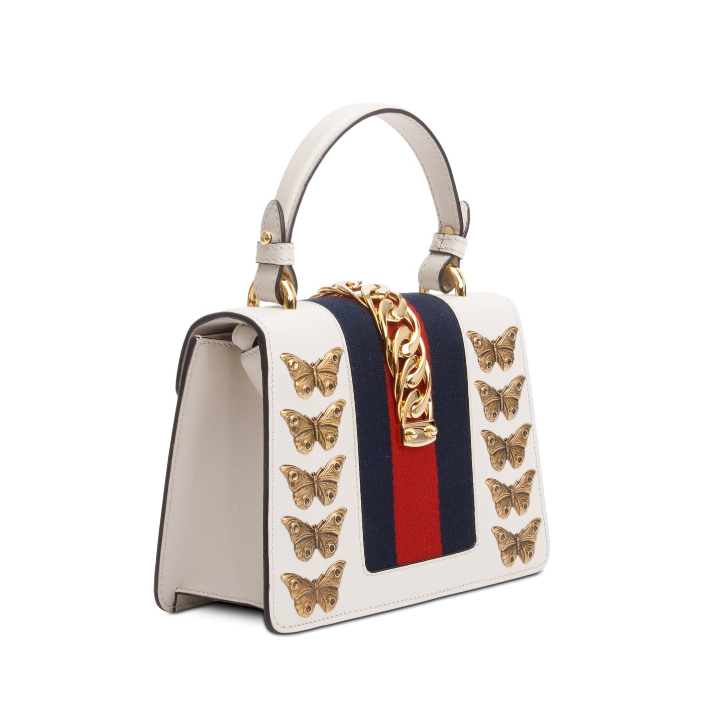 Gucci White Calfskin Leather Web Animal Studs Mini Sylvie Top Handle Bag