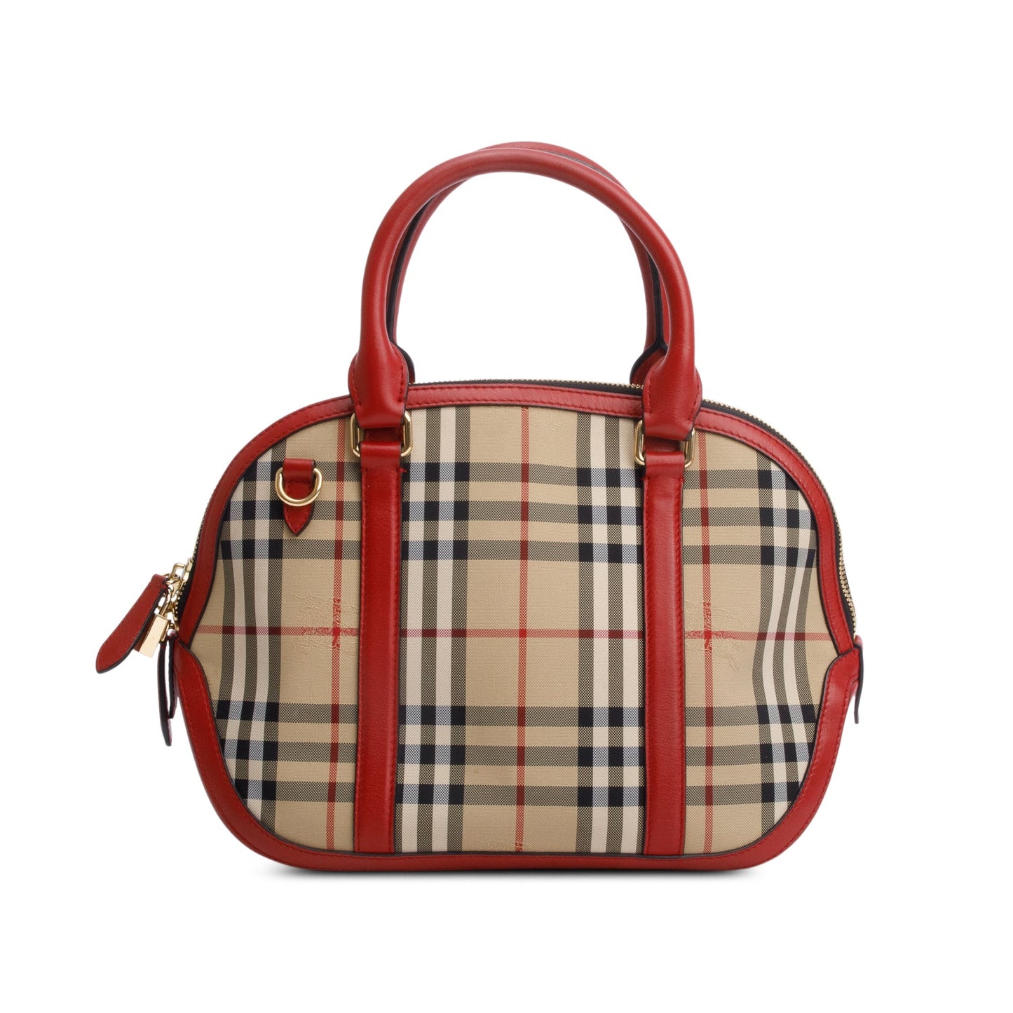 Burberry House Check Red Leather Trim Small Orchard Bowling Bag