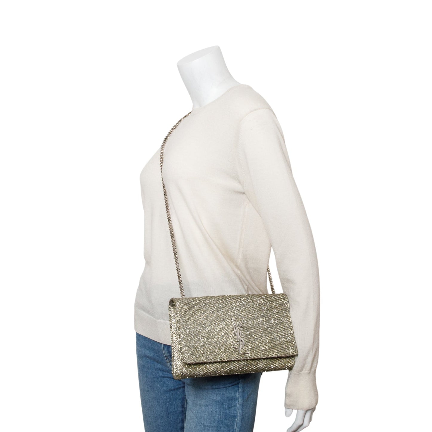 Saint Laurent Metallic Grey Glitter Canvas Medium Kate Bag
