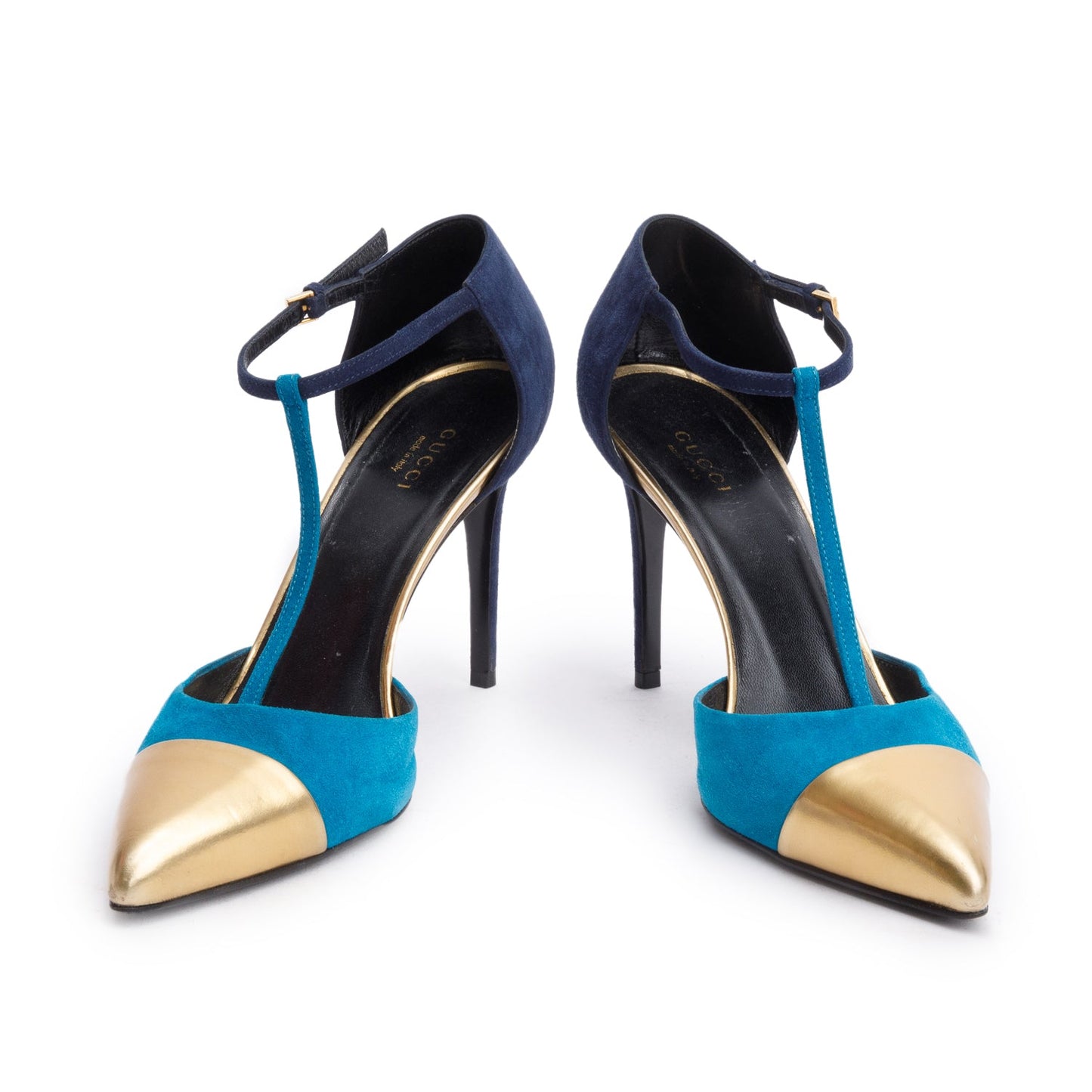 Gucci Tricolor Leather & SuedeT Strap Pumps, Size 38
