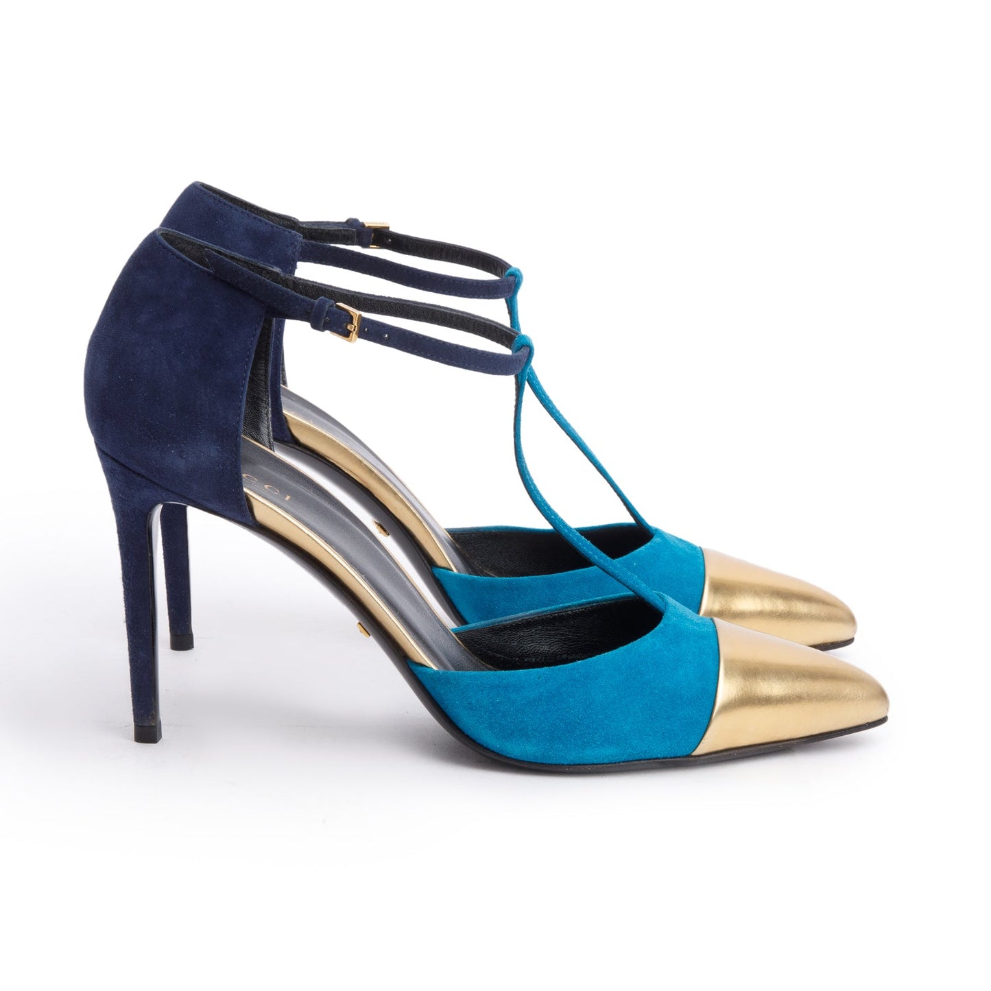 Gucci Tricolor Leather & SuedeT Strap Pumps, Size 38